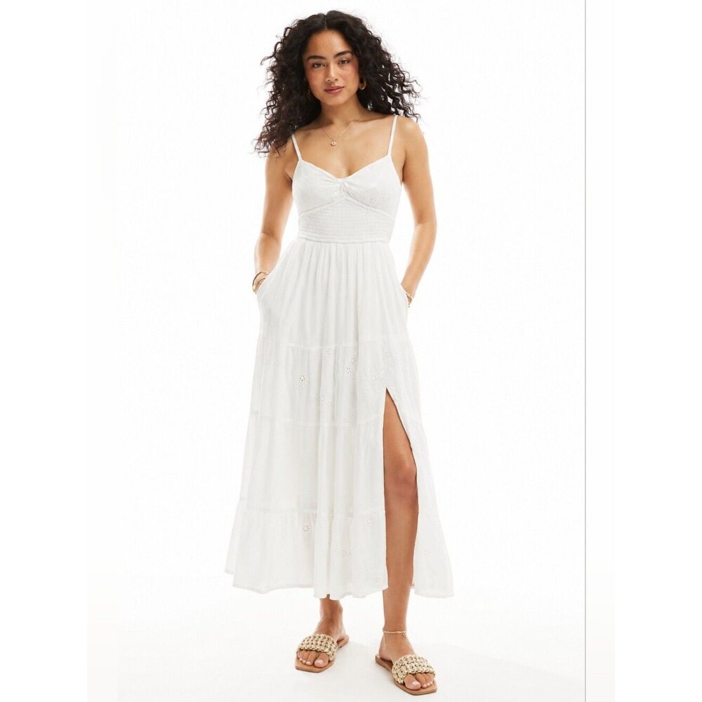 Hollister twist bust tiered Maxi dress white XS Eyelet Cutout Tie Back Vacation